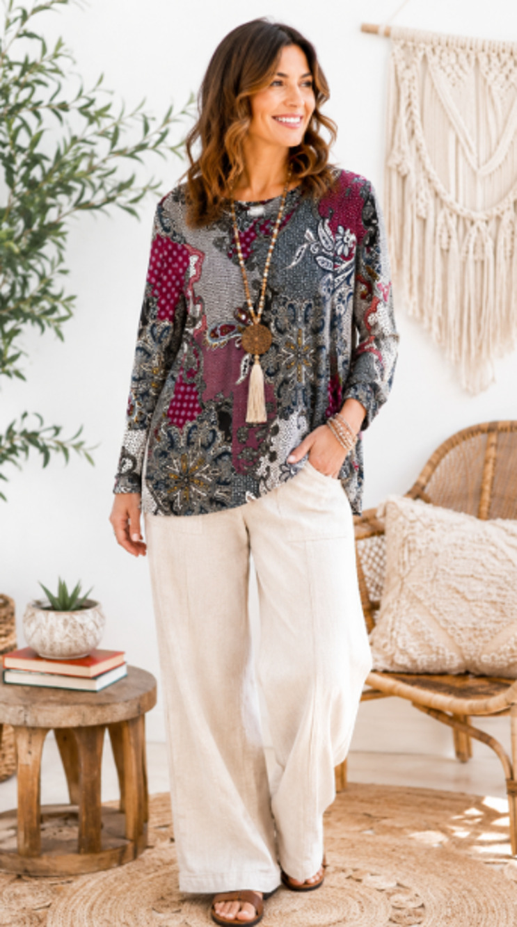 Chico's 1 Paisley Pattern Long Sleeved Pullover Shirt medium patchwork artsy 10